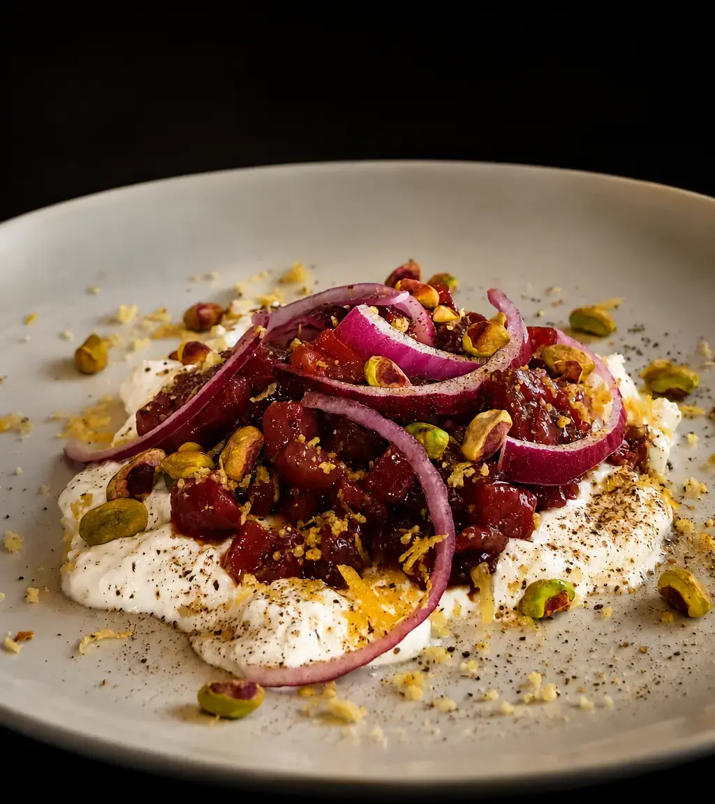 Atún rojo sobre burrata y pistacho